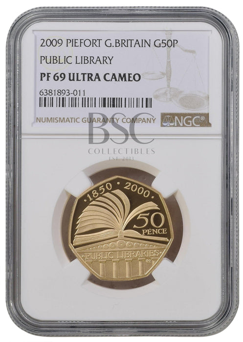 Elizabeth II, 2009 Gold Proof "Public Libraries" Piedfort Fifty Pence NGC PF69 Ultra Cameo
