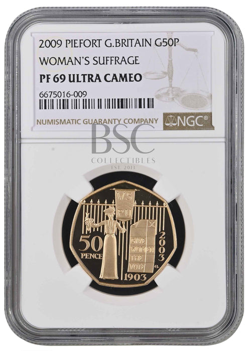 Elizabeth II, 2009 Gold Proof "Women's Suffrage" Piedfort Fifty Pence NGC PF69 Ultra Cameo