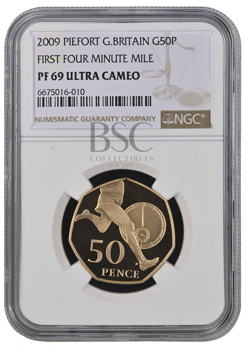 Elizabeth II, 2009 Gold Proof "Four Minute Mile" Piedfort Fifty Pence NGC PF69 Ultra Cameo