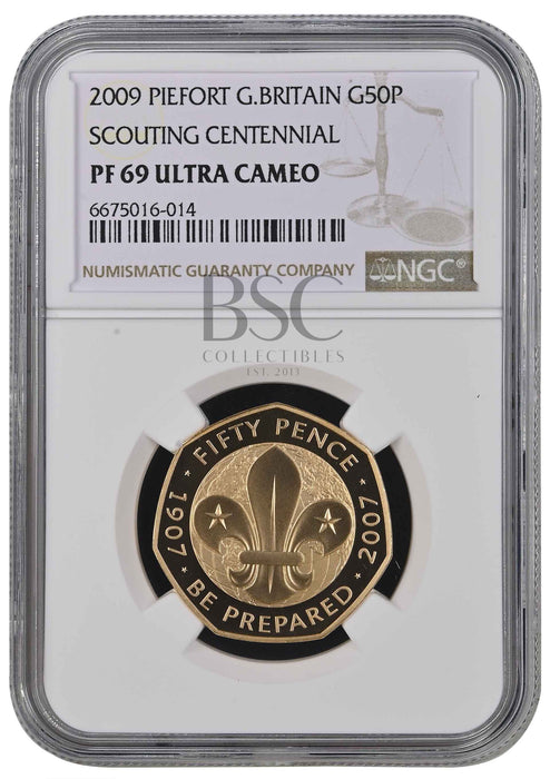 Elizabeth II, 2009 Gold Proof "Scouts" Piedfort Fifty Pence NGC PF69 Ultra Cameo