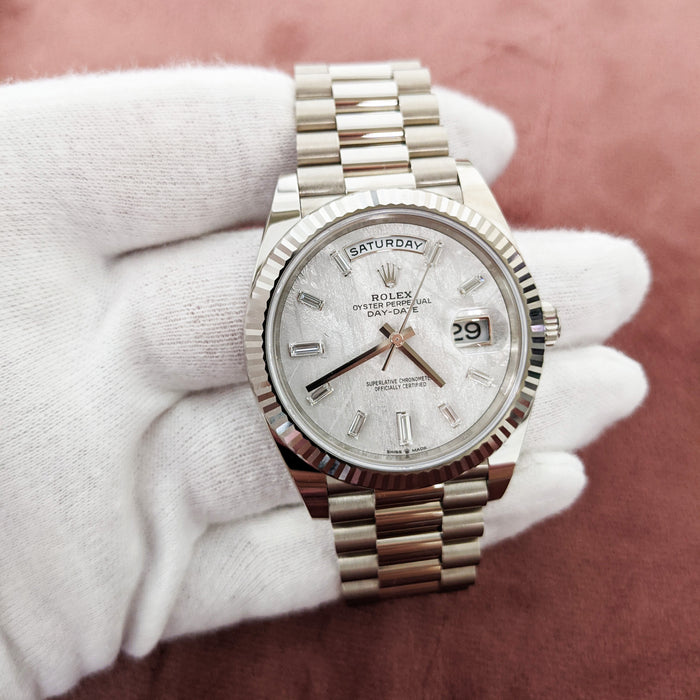 Rolex Daydate 40 White Gold Meteorite Baguette Diamond Dial 228239 - 2023 Box and Papers