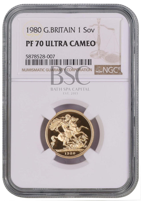 Elizabeth II, 1980 Gold Proof Sovereign NGC PF70 Ultra Cameo