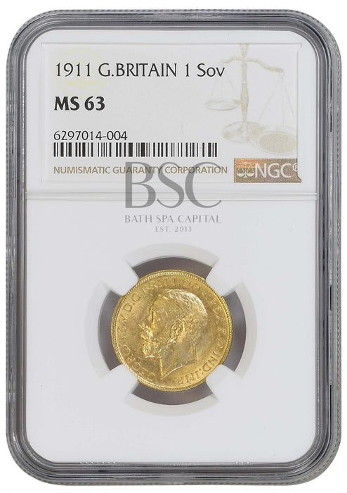 George V, 1911 Gold Sovereign NGC MS63