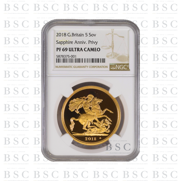 2018 GB £5 Quintuple Sovereign Sapphire Anniversary Gold Proof Coin PF69 NGC