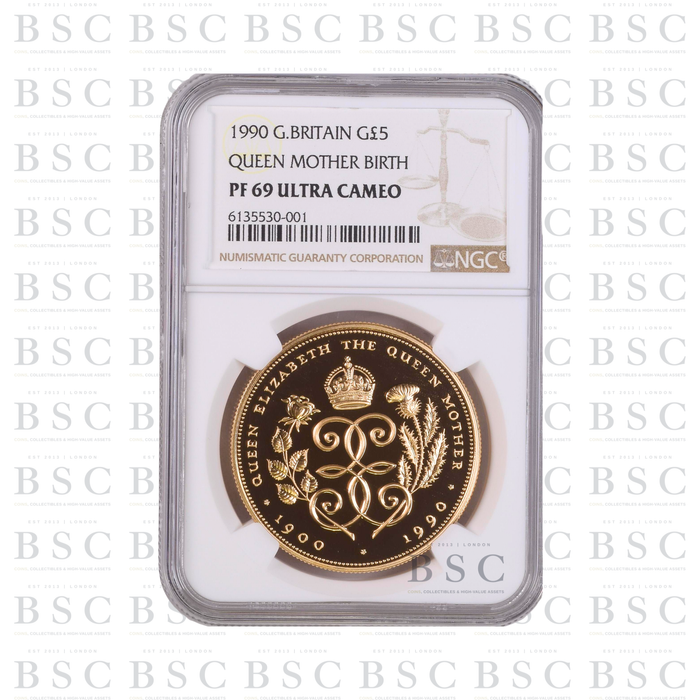 1990 GB £5 Quintuple Sovereign Queen Mother Birth Gold Proof Coin PF69 NGC
