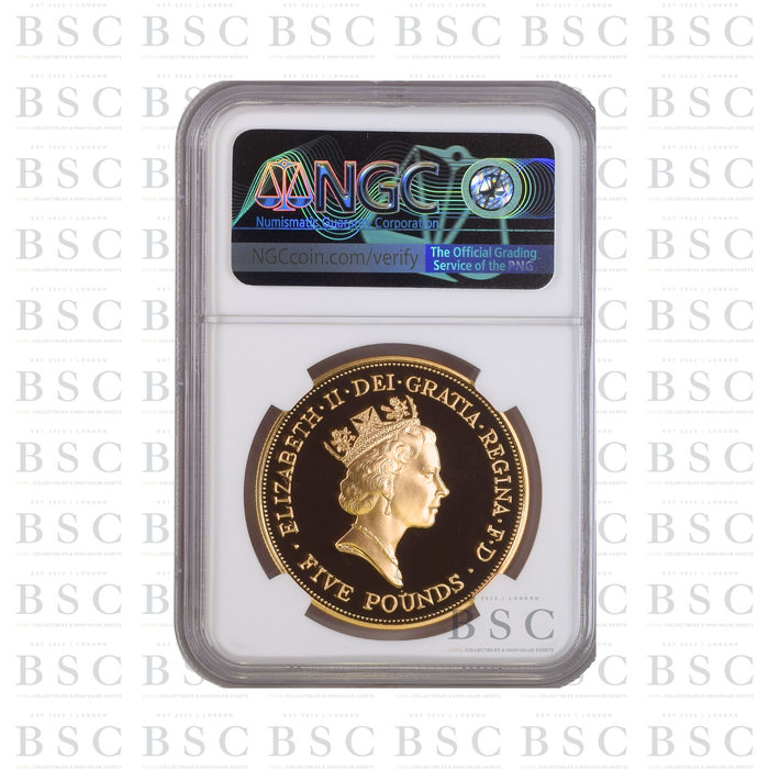 1990 GB £5 Quintuple Sovereign Queen Mother Birth Gold Proof Coin PF69 NGC