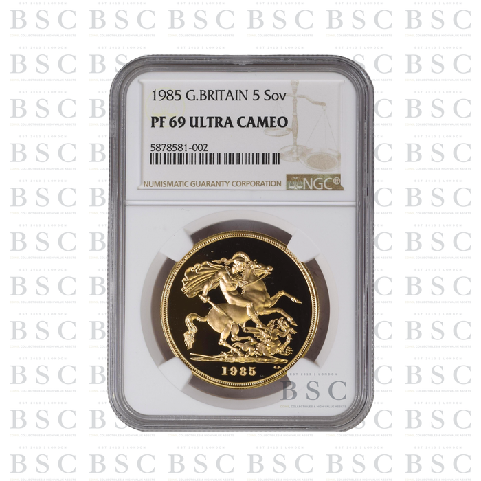 1985 £5 Quintuple Sovereign St George Proof Gold Coin NGC PF69 Ultra Cameo