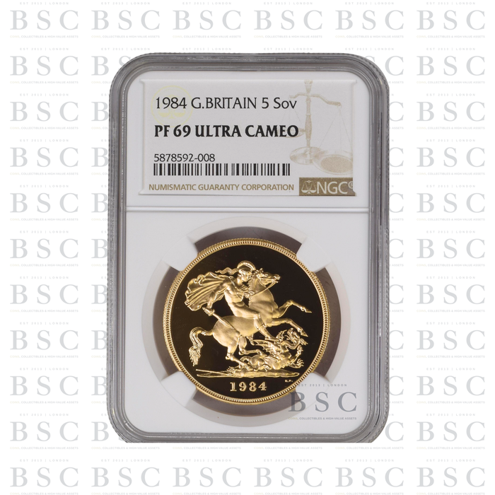 1984 £5 Quintuple Sovereign St George Proof Gold Coin NGC PF69 Ultra Cameo
