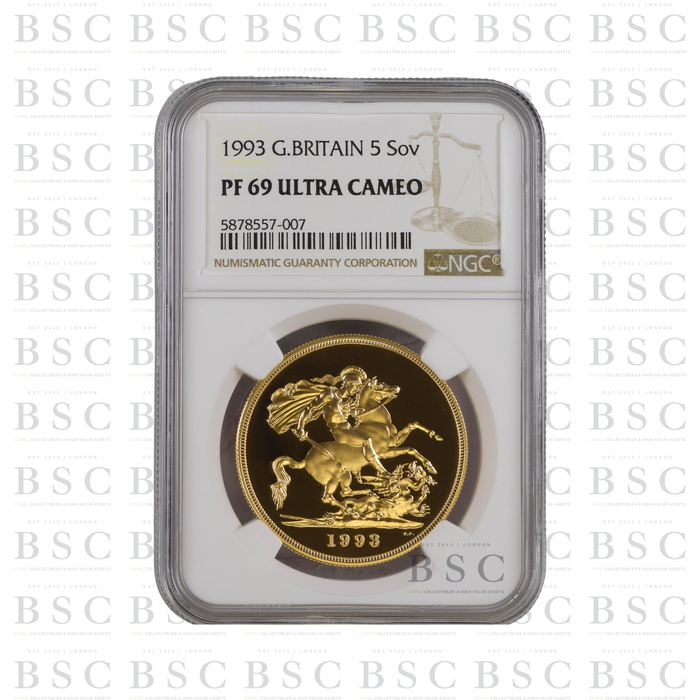 1993 £5 St George Quintuple Sovereign Proof Gold Coin NGC PF69 Ultra Cameo