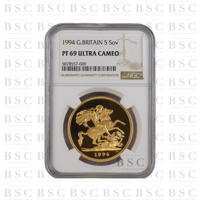 1994 £5 St George Quintuple Sovereign Proof Gold Coin NGC PF69 Ultra Cameo