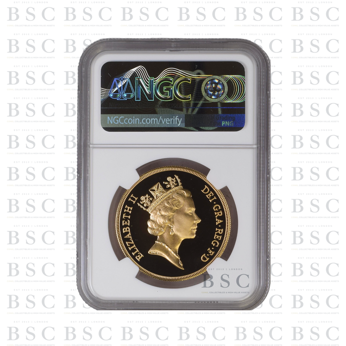 1985 £5 Quintuple Sovereign St George Proof Gold Coin NGC PF69 Ultra Cameo