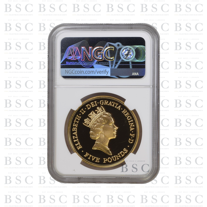 1990 £5 Quintuple Sovereign Queen Mother Proof Gold Coin NGC PF68 Ultra Cameo