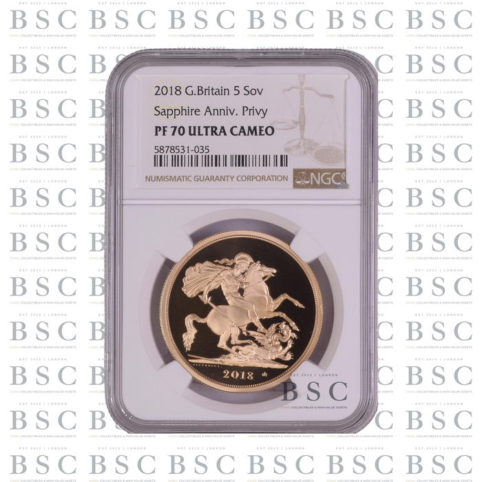 2018 £5 Quintuple Sovereign St George Sapphire Privy Proof Gold Coin PF70 NGC