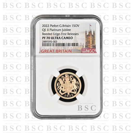 2022 Full Sovereign Piedfort Special Reverse - Platinum Jubilee - Reeded Edge - Proof Gold Coin - NGC PF70 Ultra Cameo - First Releases