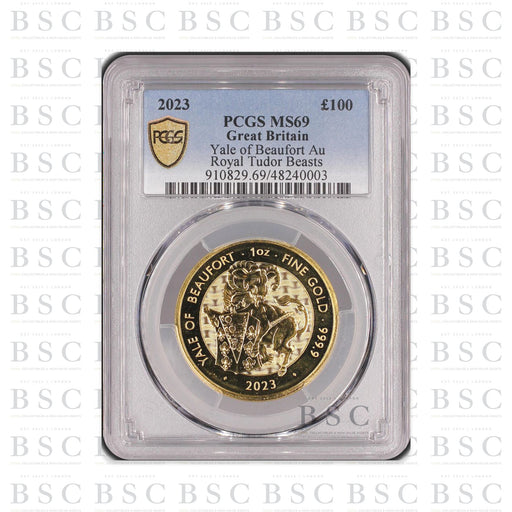 2023 1oz £100 Royal Tudor Beasts Yale of Beaufort Gold Coin MS69 PCGS