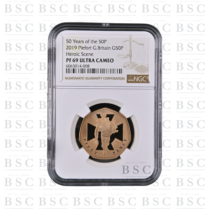 2019 50p Piedfort Heroic Scene Proof Gold Coin PF69 NGC