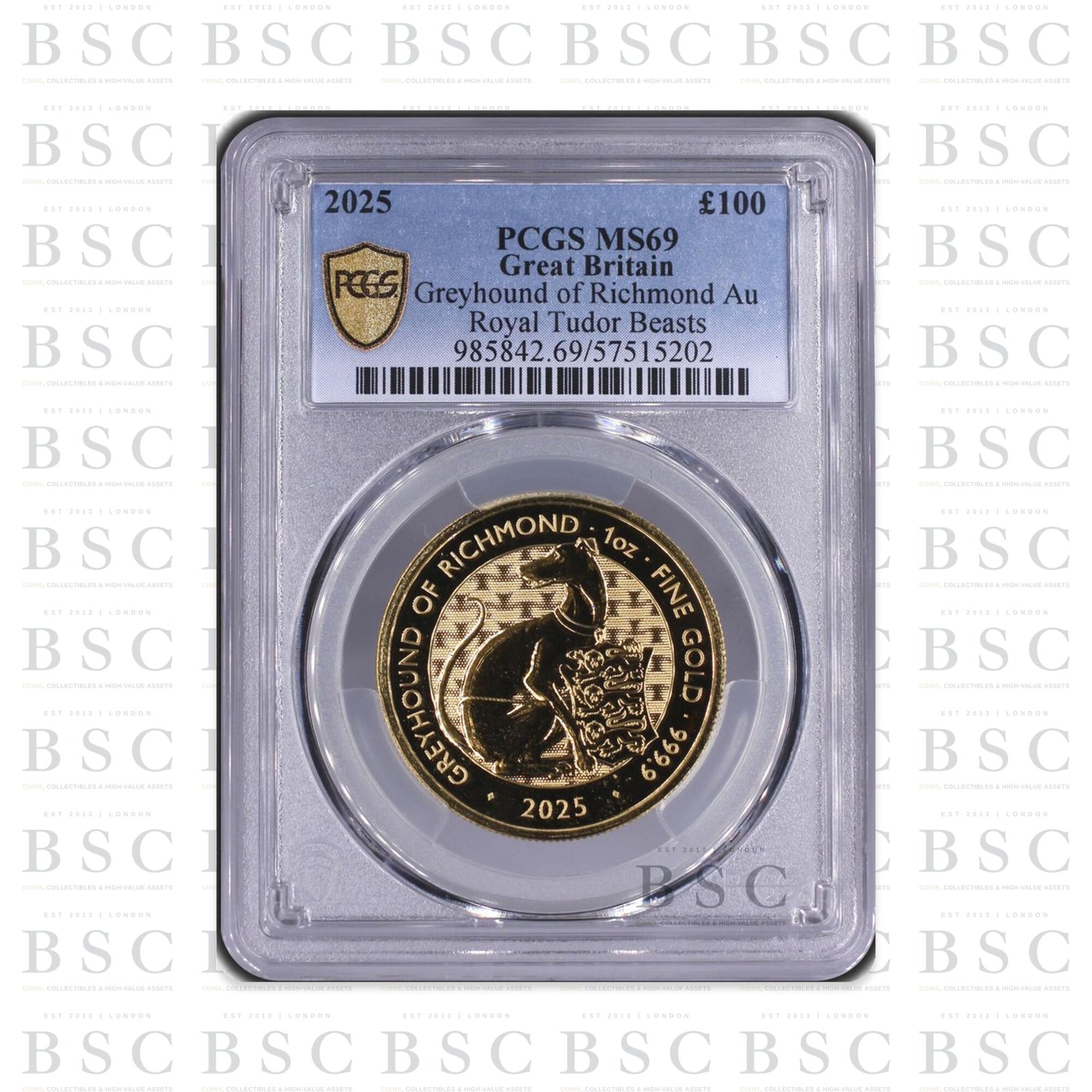 2025 1oz £100 Royal Tudor Beasts Greyhound of Richmond Gold Coin MS69 PCGS