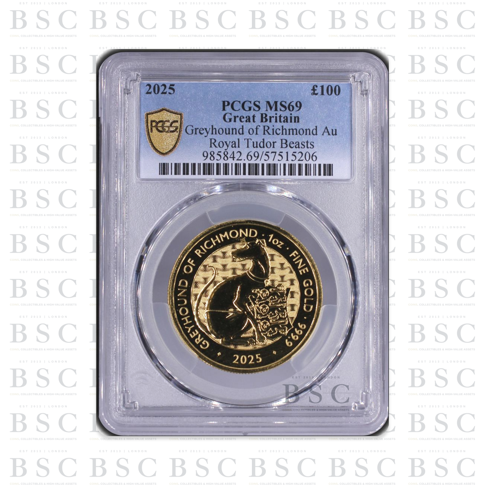 2025 1oz £100 Royal Tudor Beasts Greyhound of Richmond Gold Coin MS69 PCGS