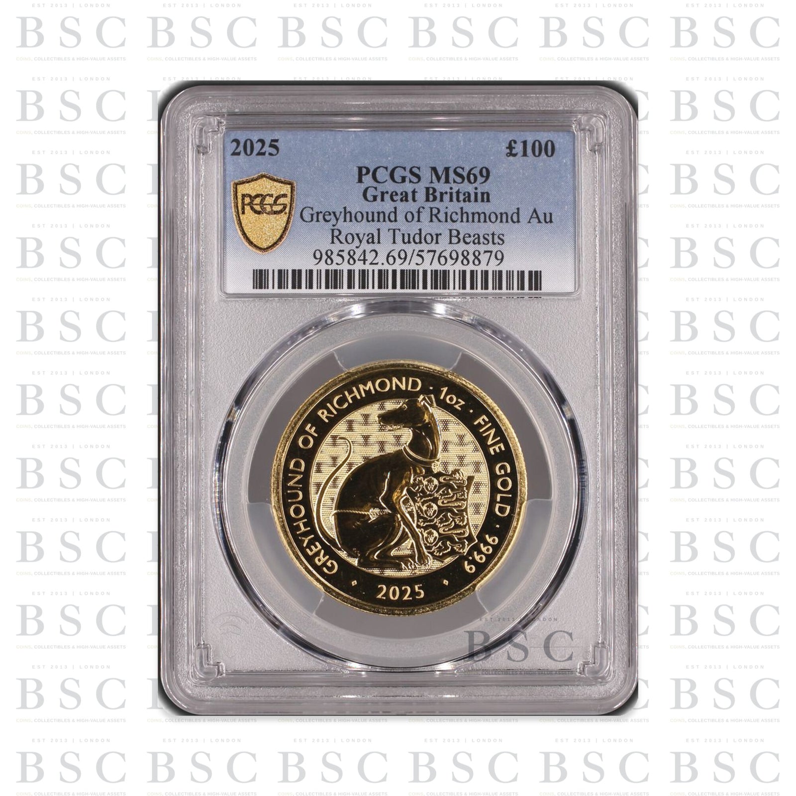 2025 1oz £100 Royal Tudor Beasts Greyhound of Richmond Gold Coin MS69 PCGS