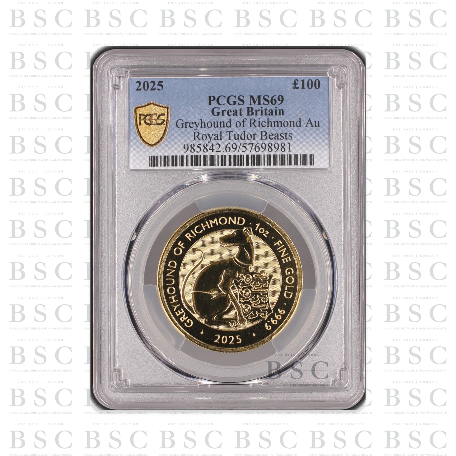 2025 1oz £100 Royal Tudor Beasts Greyhound of Richmond Gold Coin MS69 PCGS