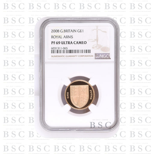 2008 £1 Elizabeth II - Royal Shield of Arms Proof Gold Coin - NGC PF69 Ultra Cameo