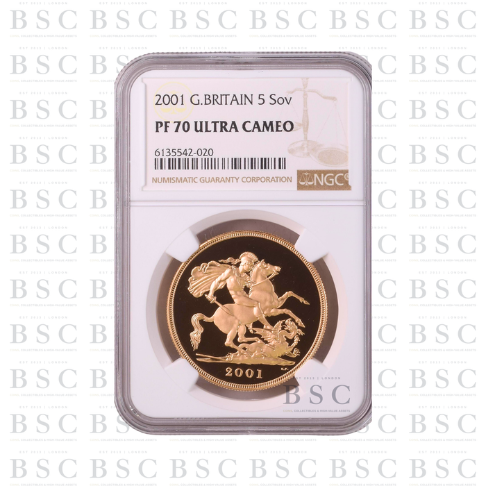 2001 GB £5 Quintuple Sovereign St George Gold Proof Coin PF70 NGC