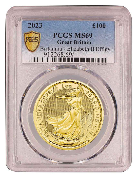 Elizabeth II, 2023 1oz Gold Britannia One Hundred Pounds PCGS MS69