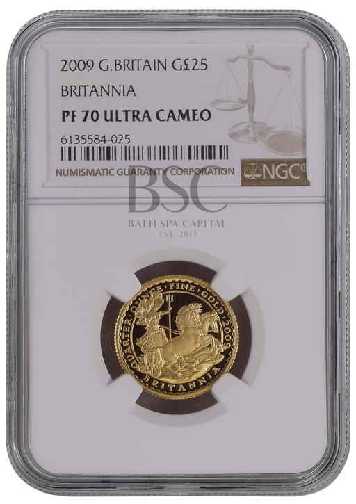 Elizabeth II, 2009 Gold Proof Britannia Twenty Five Pounds NGC PF70 Ultra Cameo