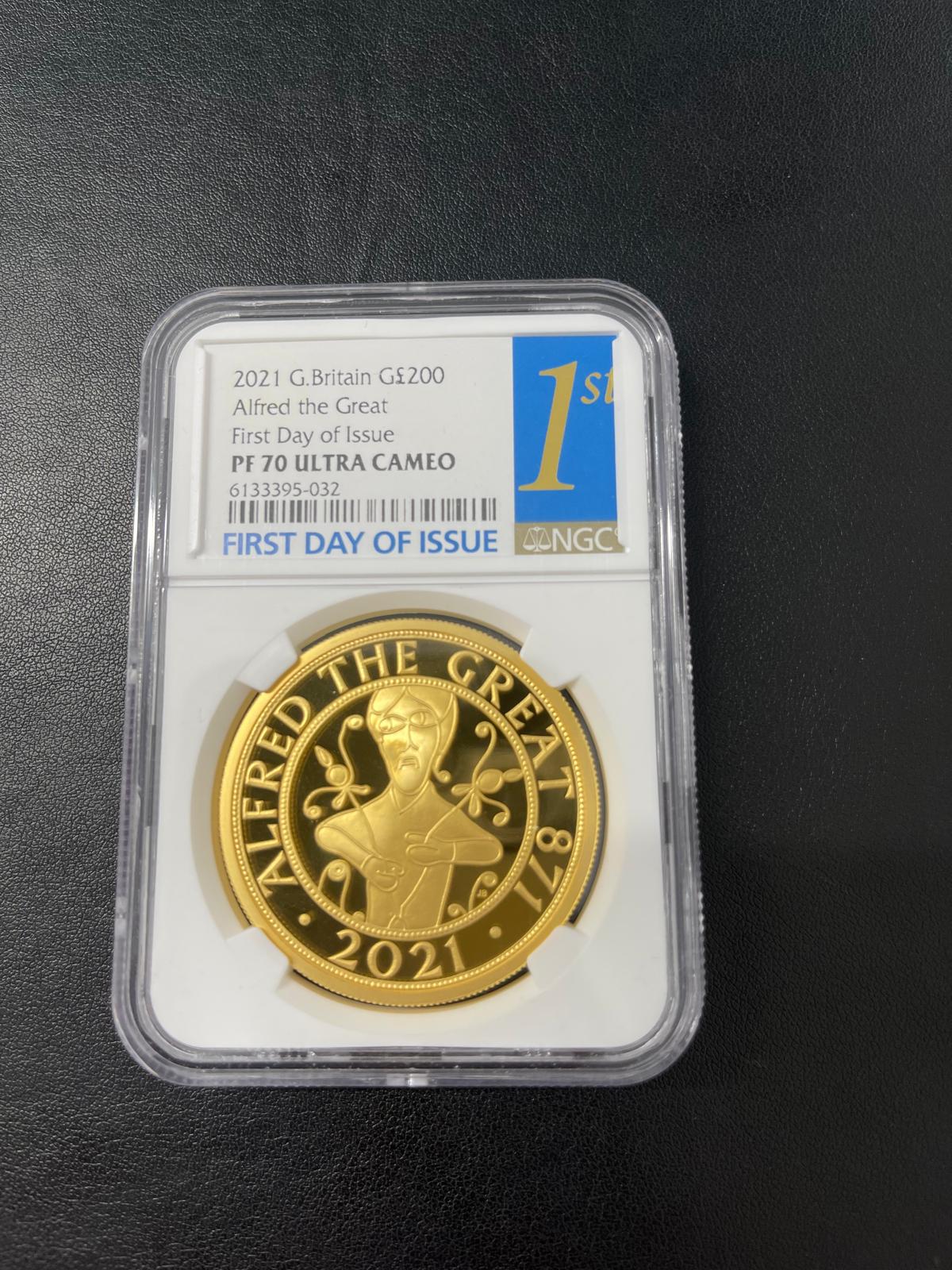 NGC PF70 2021 Alfred the Great £200 gold coin in a sealed slab