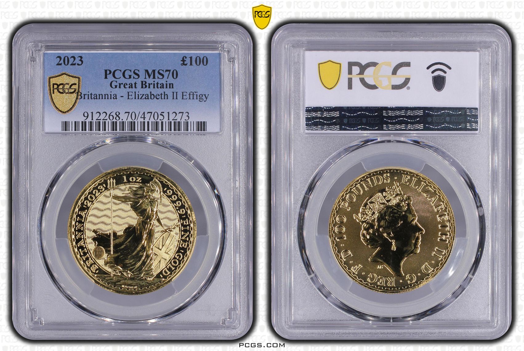 2023 Britannia — Elizabeth II Effigy, 1oz gold coin in a PCGS MS70 holder