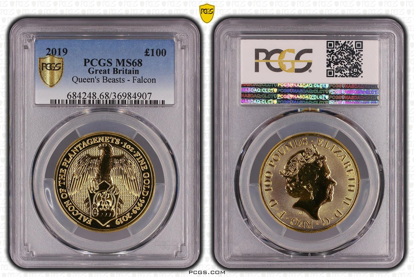 2019 Falcon of the Plantagenets, 1oz gold coin in a PCGS MS68 holder