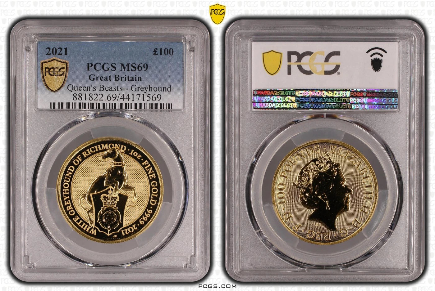 2021 White Greyhound of Richmond, 1oz gold coin in a PCGS MS69 holder