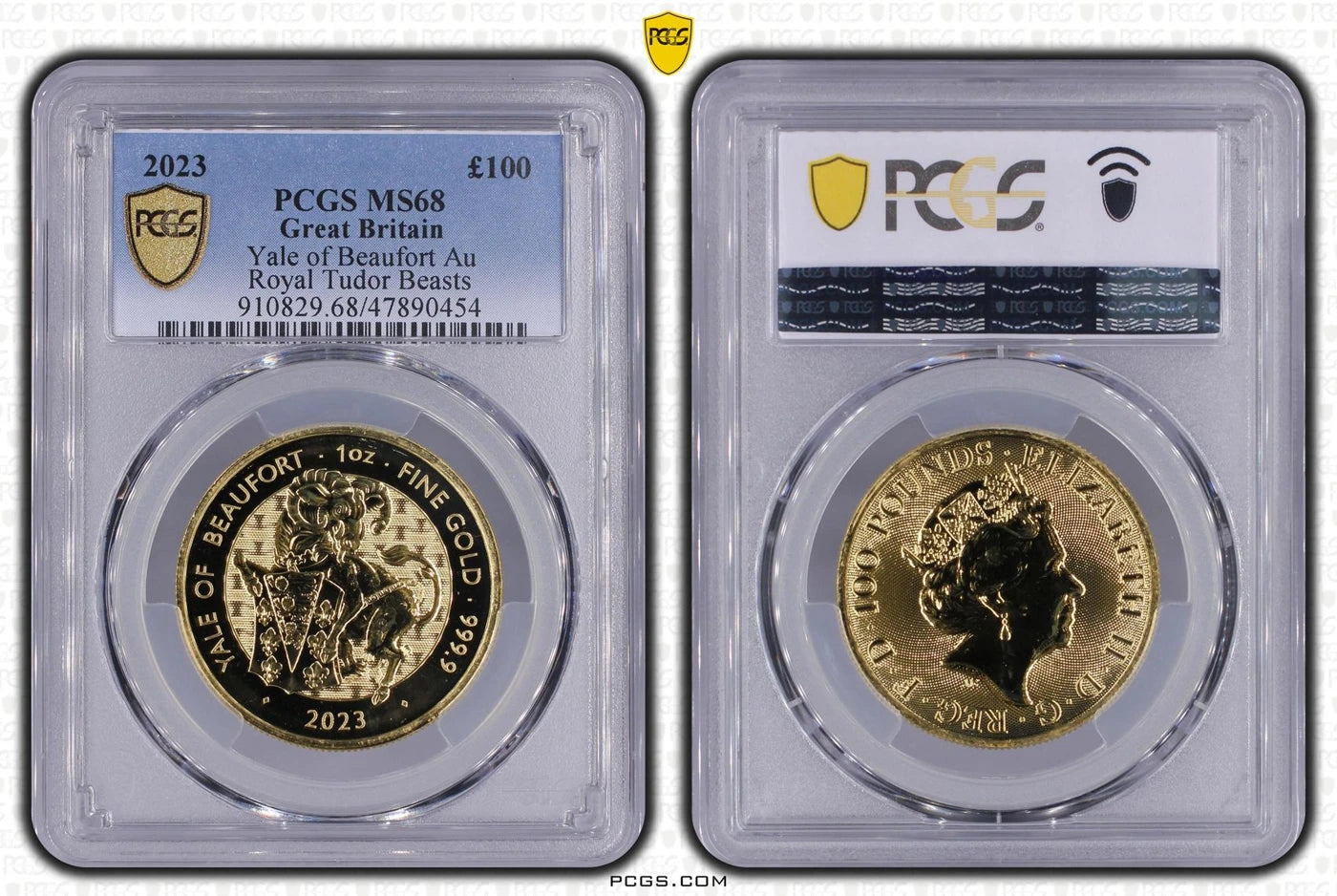 2023 Yale of Beaufort, 1oz gold coin in a PCGS MS68 holder