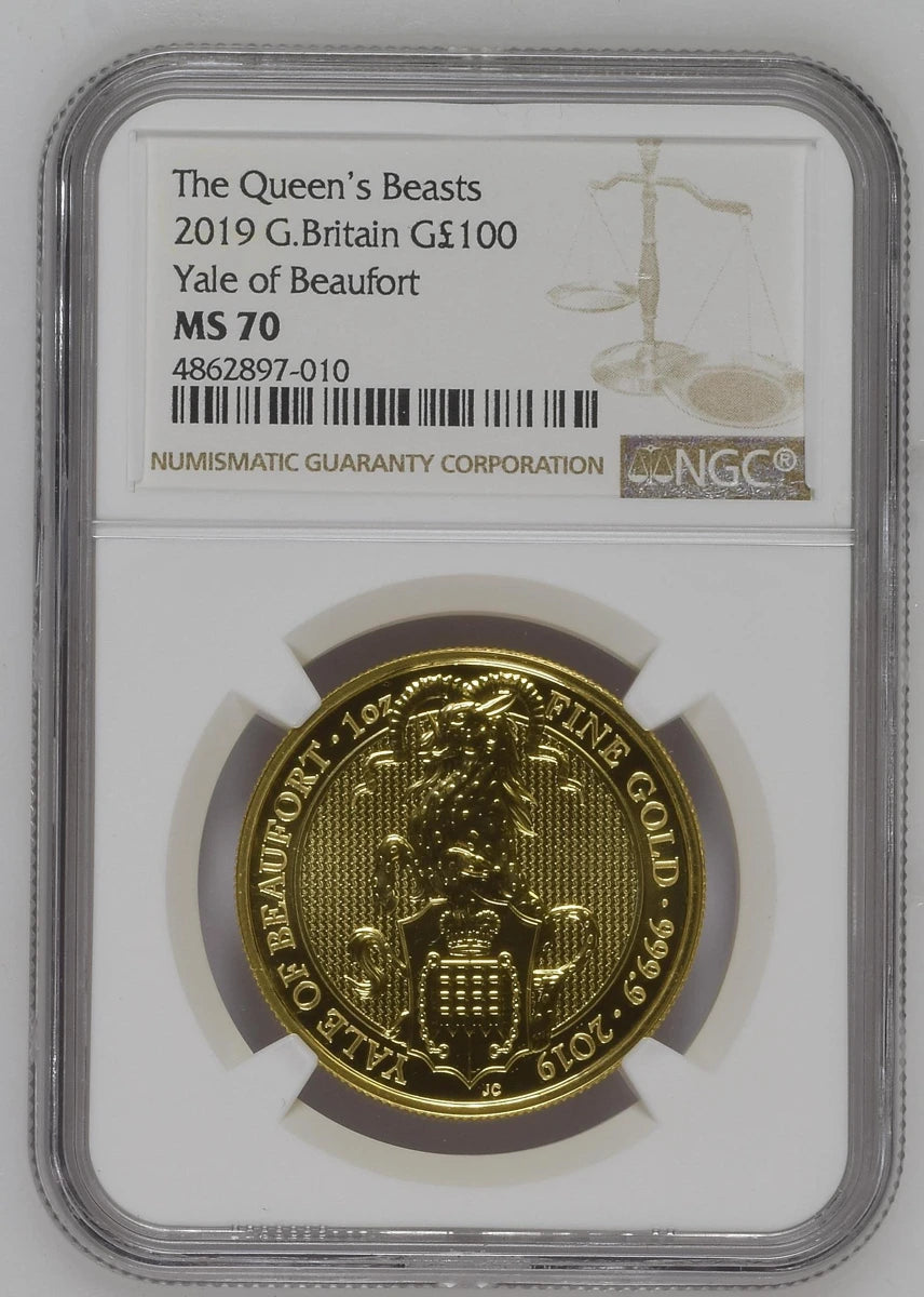 2019 Yale of Beaufort, 1oz gold coin in a NGC MS70 holder